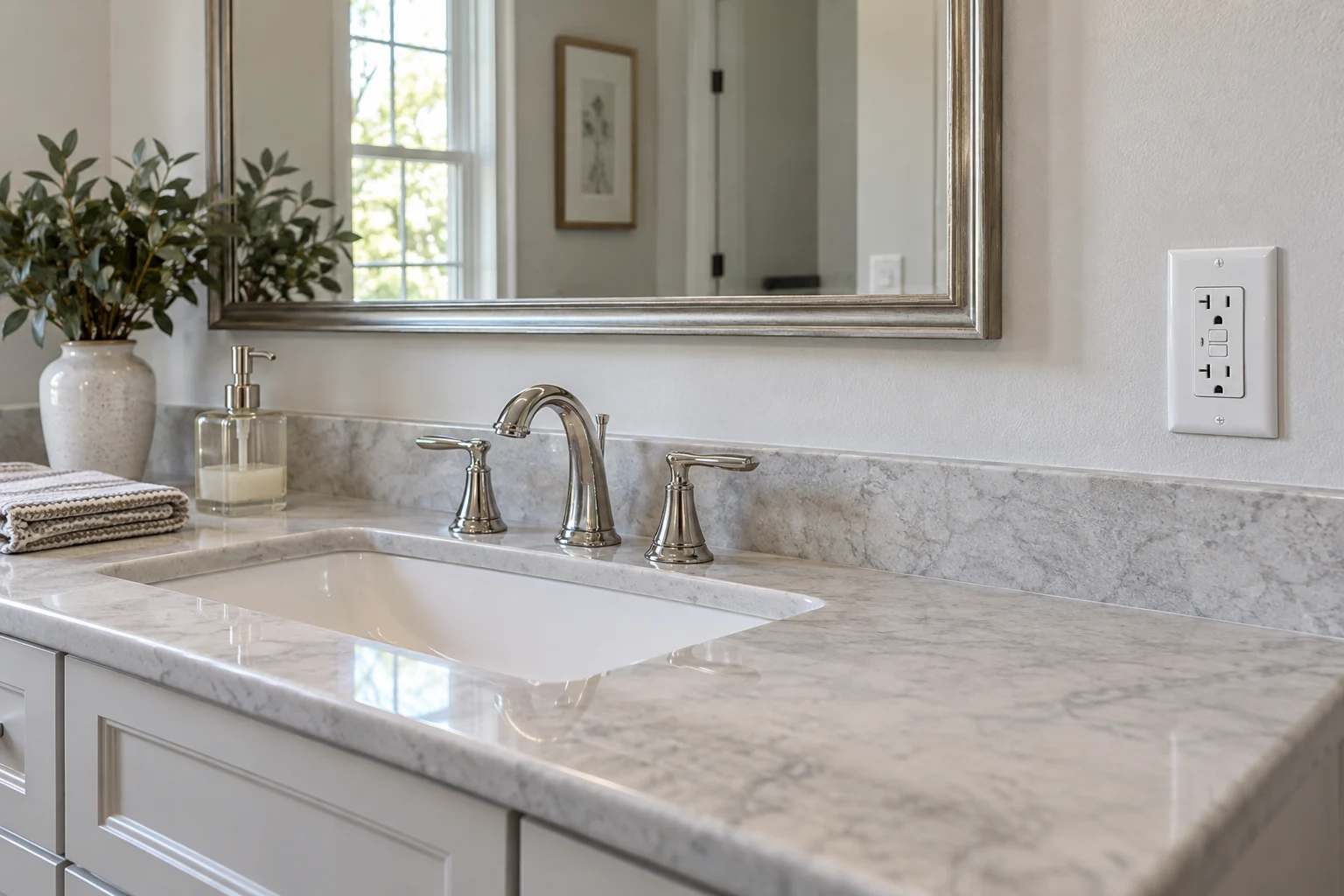 Photorealistic illustration: Bathroom vanity with a nearby GFCI receptacle