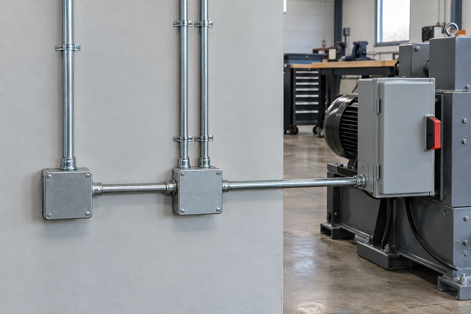 Photorealistic illustration: Metal raceways, covered junction boxes and a disconnect