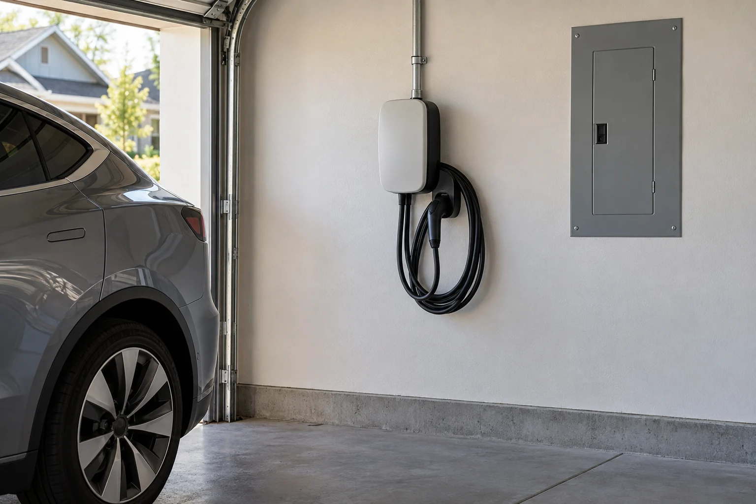Photorealistic illustration: Garage EV charging equipment and closed panel