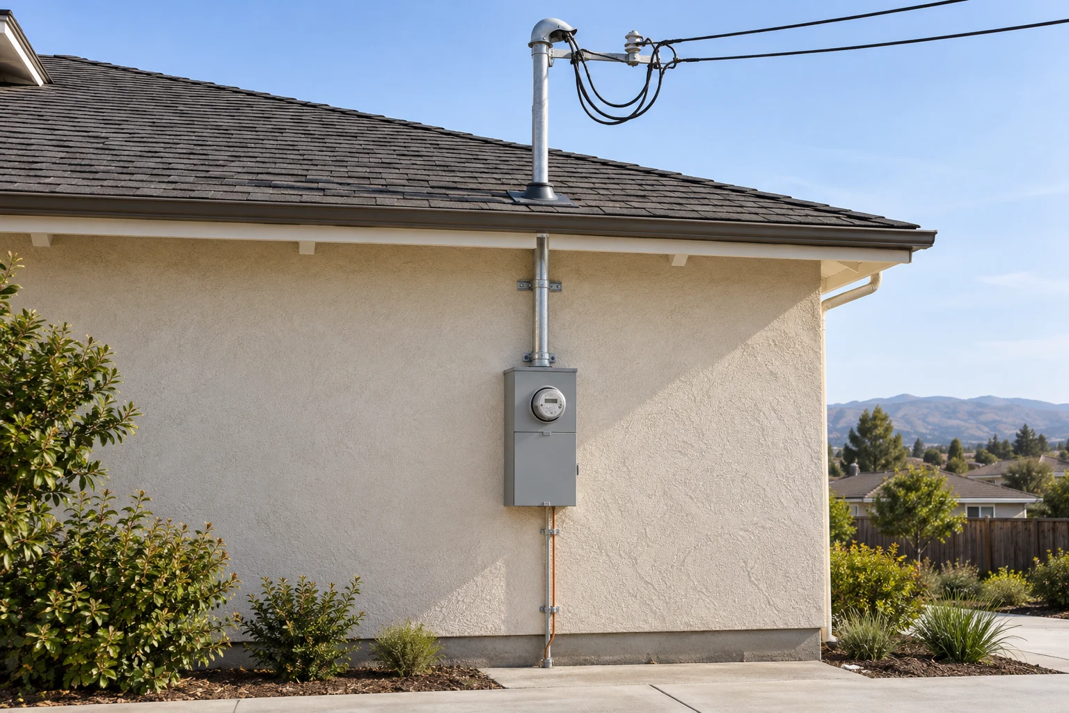 Conceptual realistic illustration of a residential overhead meter-main and service mast